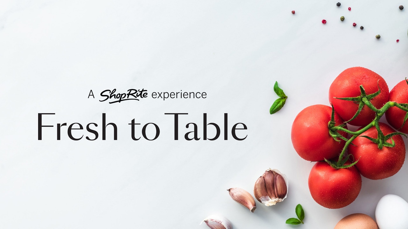 Banner made by Lippincott saying a shoprite experience fresh to table with tomatoes and garlic in the background