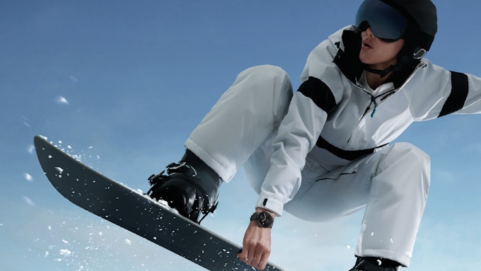 A man snowboarding wearing Zepp's watch, branded by Lippincott