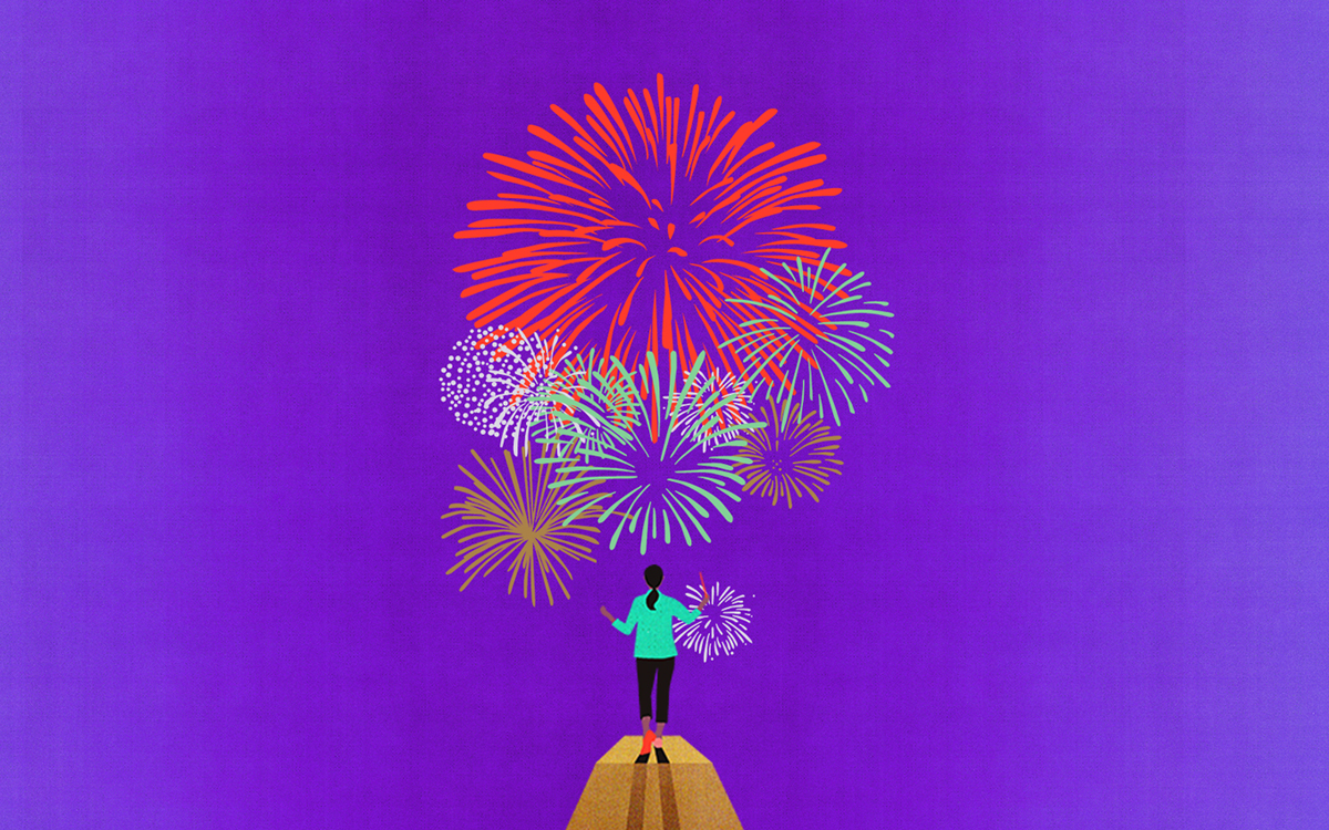 Cover illustration of a woman conducting fireworks for Agile Masterbrand.